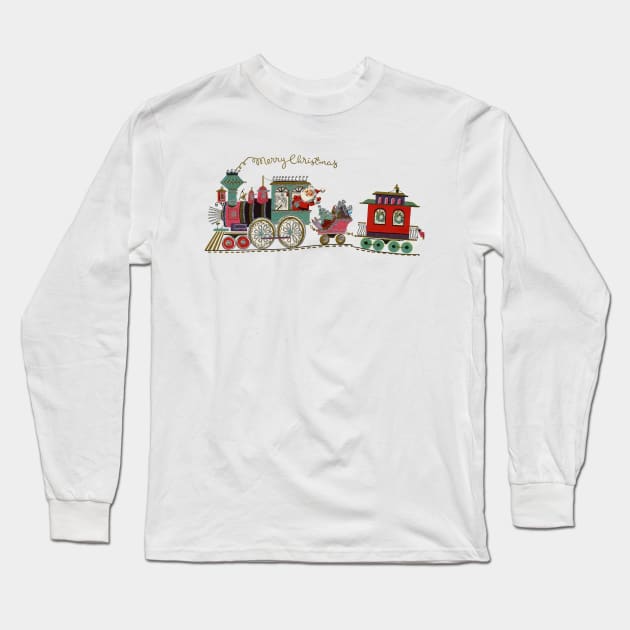 1980s Cute Kawaii Merry Christmas Toy Train Santa is coming Long Sleeve T-Shirt by Tina